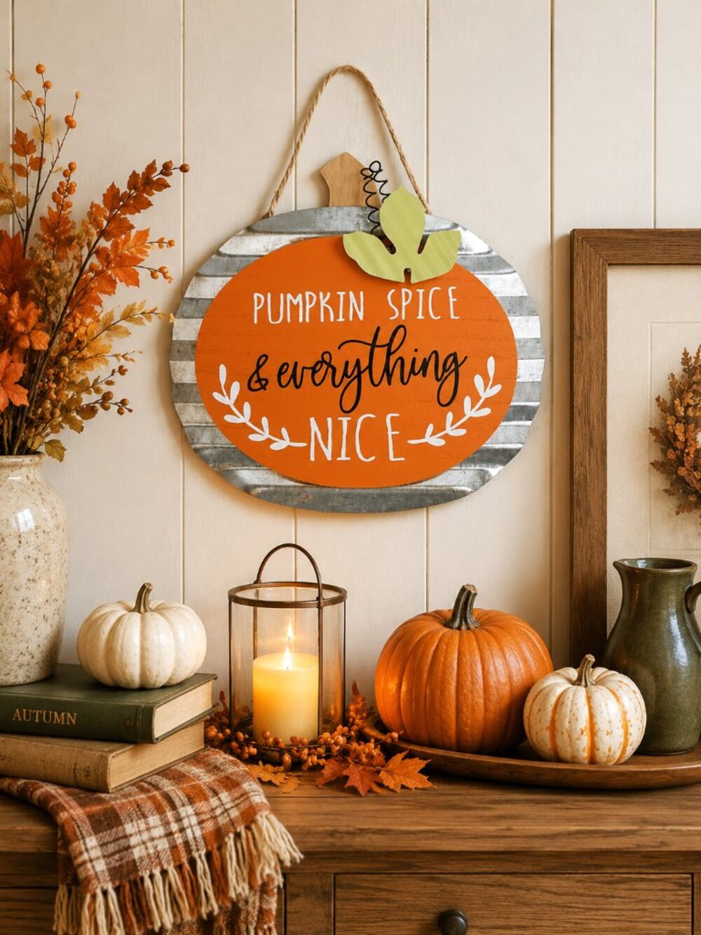 Pumpkin Spice & Everything Nice Fall Pumpkin Wall Door Décor Sign Wood Metal NWT